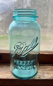 Vintage Ball Perfect Mason1910-1923 quart jar blue glass error #8 VG+ - Picture 1 of 4