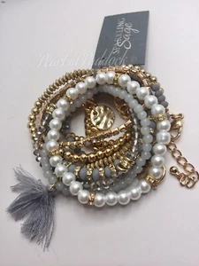 Funkelndes Salbei Gold mehrlagiges Armband Kristall Perlen Perle Kettenglied in Box - Bild 1 von 7