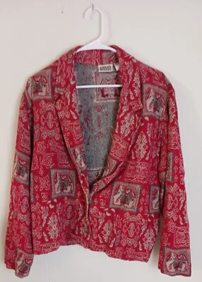 Chaqueta Abrigo CHICO'S DESIGN TALLA 2 GRANDE 12 Rojo Estampado Multi Tapiz Blazer Foto 1 de 4
