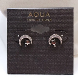 Aqua .925 Sterling Silver Cubic Zirconia Star Moon Stud Earrings $40 New - Picture 1 of 3