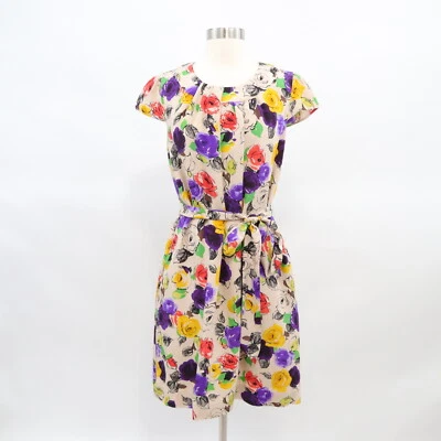 Vestido Kate Spade 100% Seda M Corbata Cintura Floral Rosas Beige Rojo Púrpura Plisado Foto 1 de 4
