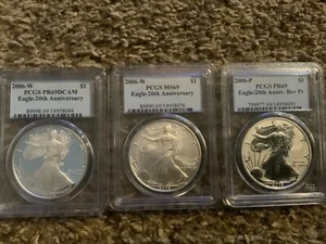 2006 SILVER EAGLE 20TH ANNIVERSARY SET PCGS PR69 ALL 3 SPOTLESS - Picture 1 of 8