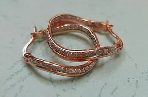 18K ROSE GOLD 925 STERLING SILVER GENUINE DIAMONDS FANCY TWIST HOOP EARRINGS New - Picture 1 of 7