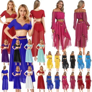 Women's Belly Dance Costume Short Sleeve Crop Top Chiffon Skirt Built-in Briefs - Picture 1 of 113
