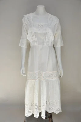 Antique VTG 1900s Edwardian White Cotton Tea Dress w/ Lace Boho Romantic S/M - Image 1 of 4