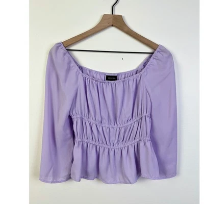 WHO WHAT WEAR Lavender Ruched Square Neck Long Sleeve Peplum Top XS - Image 1 of 4