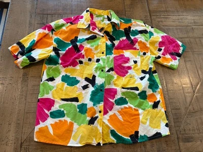 Vintage 80s Esprit Sport Bright Abstract Art To Wear Cotton Blouse Sz M - Image 1 of 2
