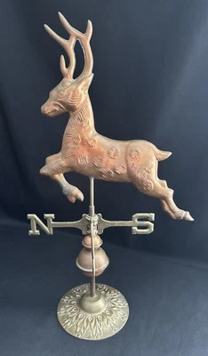VINTAGE 20" COPPER DEER STAG WEATHERVANE BRASS STAND & WIND INDICATOR - Image 1 of 4