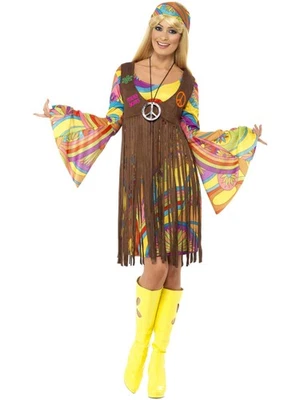 Disfraz de Hippie Smiffys, Vestido y Chaleco Groovy Años 60, Multicolor, XL Foto 1 de 4