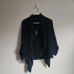 NWT Donna Karan Women's Navy Open Front Top Size XS blouse Roll-Tab Sleeve - Picture 1 of 7