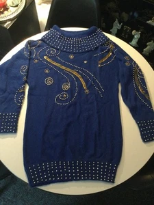 Victoria Harbour Blue n Gold Damen Bedazzled Pullover Vintage Gr: L - Bild 1 von 9