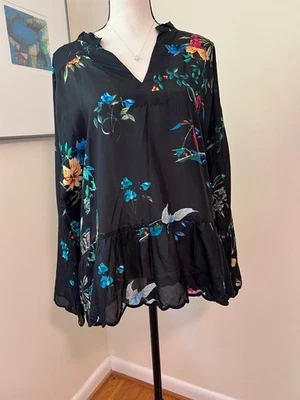 Johnny Was sheer Silk Blouse  Button Front Birds and Flowers print size M - Image 1 of 4