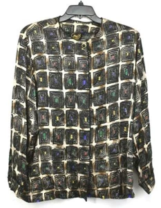 Corey B Women Multicolor Square Print Hidden Placket Long Sleeve Silk Jacket 2X - Picture 1 of 7