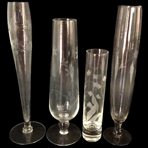 GLASS VASES ETCHED FLORAL CLEAR LOT OF 4 TALLEST 10" - Picture 1 of 13
