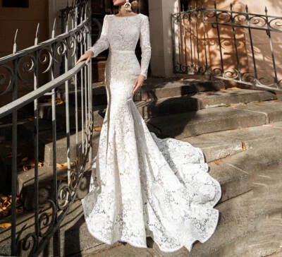 Gorgeous Lace Mermaid Wedding Dresses Long Sleeve Illusion Back Bridal GownTrain - Image 1 of 4