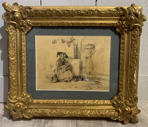 Scène de genre signée située Femmes Traditionnelles Fontaine Robe Chapeau Coiffe - Foto 1 di 12