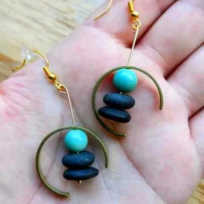 Gold-plated Semicircle-Framed Earrings with Jade and Beach Stones - Image 1 of 3