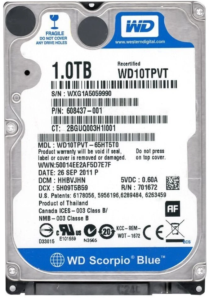 Disk WD Blue Scorpio WD10TPVT 1TB 5200U/Min SATA II 8MB Cache 2.5'' Pollici - Immagine 1 di 3