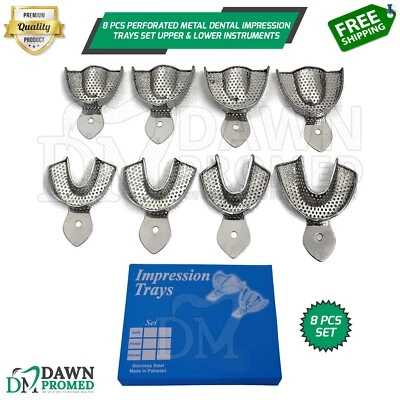 DAWNPROMED 8 Pcs Perforated Metal Dental Impression Trays set Upper & Lower Inst German Gr