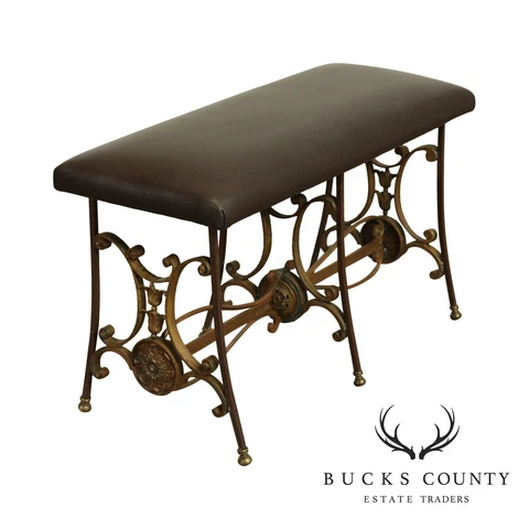 Antique Wrought Iron Leather Seat Bench Cover
