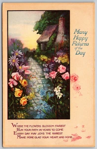 Postcard Tuck Birthday Watercolor Many Happy Returns of the Day Stone Path R3010 - Picture 1 of 2