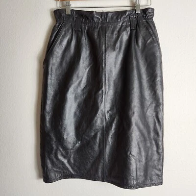 Falda bolsa de papel vintage de cuero negro hasta la rodilla para mujer - talla 28 Foto 1 de 4