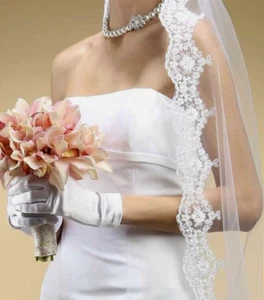 White Floor Length Mantilla Scalloped Lace Pearl Bridal Wedding Veil - Picture 1 of 3