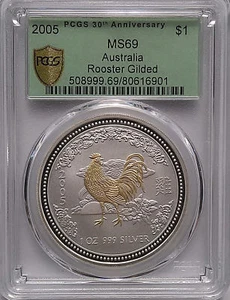 PCGS Secure 2005 Australia YEAR OF THE ROOSTER Gold Gild $1 MS69 Silver 1oz OGH - Picture 1 of 3