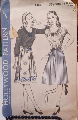 1530 Hollywood Vintage 1930's or 40's? Pattern #1530 Sz 14 peasant blouse skirt - Image 1 of 2
