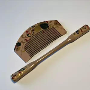 Vintage Japanese Raden Comb & Kogai Hair Pin Set Golden Embossed w/ Red + Green - Picture 1 of 13