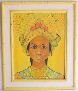 VINTAGE 1971 OIL PAINTING WOOD PANEL SIGNED BEAUTY BALINESE WOMAN W/ HEADDRESS - Picture 1 of 14