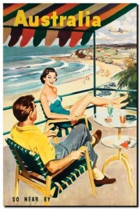Vintage Illustrated Poster CANVAS PRINT Australia So near beach 8"X10" - Picture 1 of 1