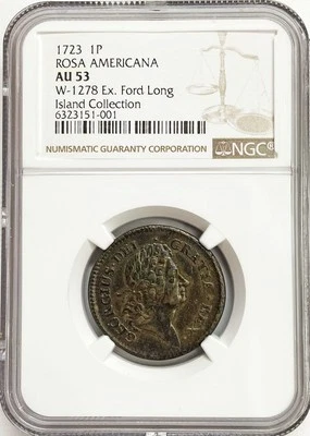 1723 ROSA AMERICANA PENNY KING GEORGE COLONIAL COIN NGC ABOUT UNC 53 W-1278 - Image 1 of 2
