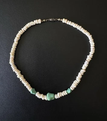 Vintage Puka Shell & Turquoise Beads Necklace/Surfer Style 15” - Image 1 of 4