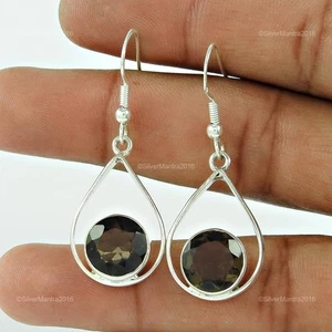 Natural Smoky Quartz 925 Silver Hook Sister Dangle Root Chakra Earrings Jewelry - Picture 1 of 5