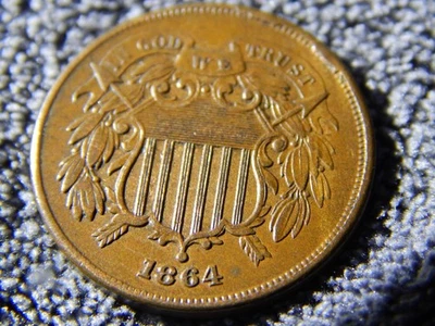 1864 Large  MOTTO Two 2 Cent Piece XF + RARE! - Image 1 of 4