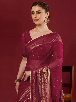 Pink & Gold-Toned Poly Georgette Saree with Woven Design Border — Unstitched Blo - Image 1 of 4