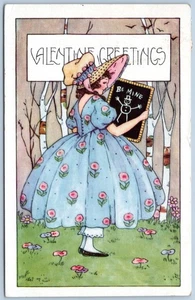 Postkarte Valentinstag Grüße Mädchen in Haube und blauem Kleid Whitney Made HV08 - Bild 1 von 2