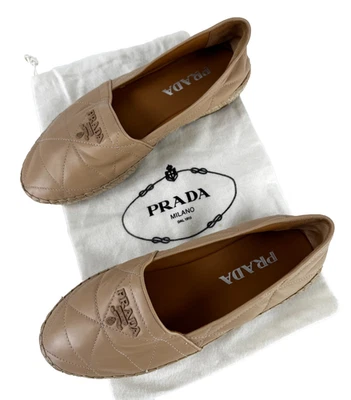 Prada Auth Wmn 7 US 37 EU Beige Quilted Leather Espadrilles Shoes Flats Bag MINT - Image 1 of 4