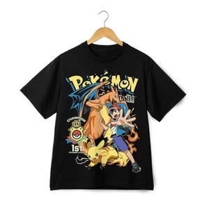 Pokémon Champion Pikachu Charizard T-Shirt - Cool Retro Anime Streetwear Tee - Picture 1 of 21