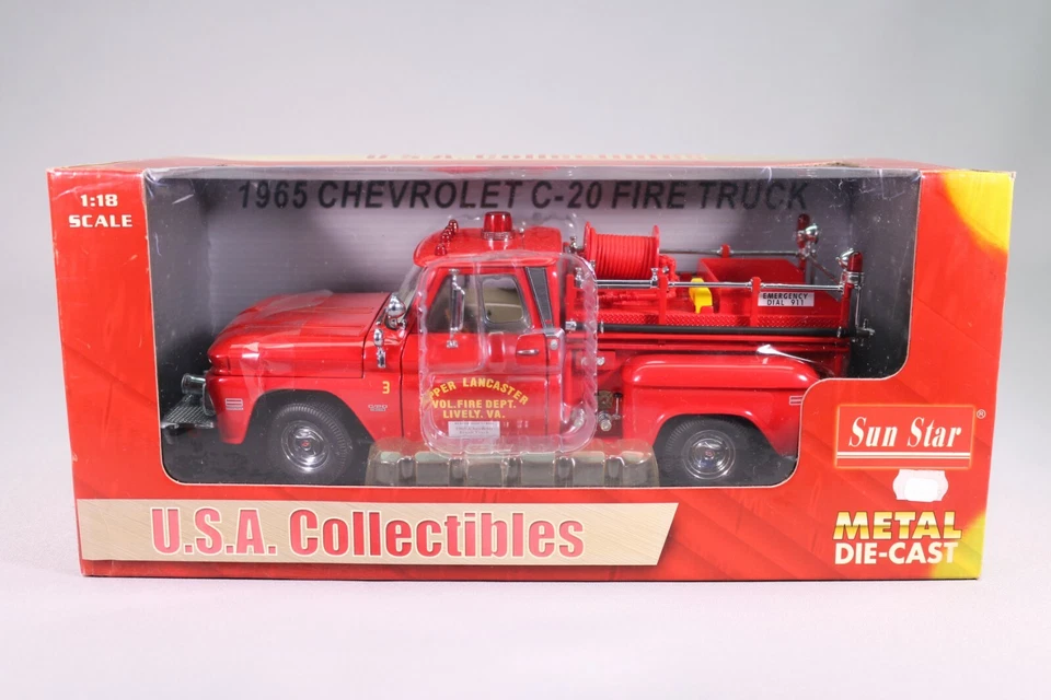 LE122 SUN STAR 1383 Voiture 1/18 1:18 Chevrolet C-20 Fire truck 1965 pompiers - Photo 1/4