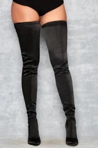 Mistress Rocks House of CB Icon Black Satin Pu$$y High Thigh Pointed Boots UK 5 - Picture 1 of 5
