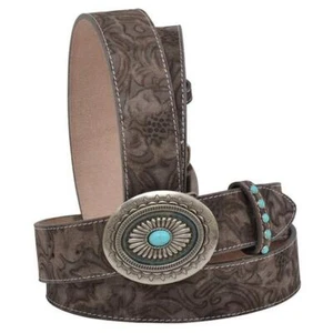 Angel Ranch Western Womens Belt Leather Embossed Floral Brown - Picture 1 of 2