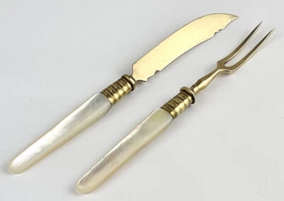 1. von 5. Obst- Besteck Paar Gabel + Messer Messing Perlmutt um 1900 B767 - Bild 1 von 4