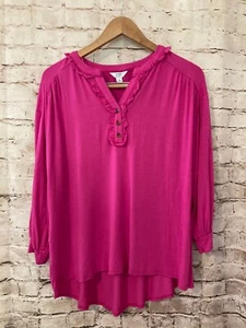 Crown & Ivy Top Womens Large Barbie Core Hot Pink Ruffle Popover Stretch - Picture 1 of 14