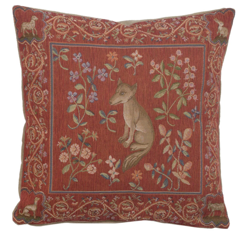 French Tapestry Decorative Throw Pillow Cushion Cover 19x19 Medieval Fox