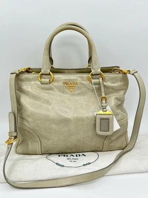 PRADA Beige Women Vitello Shine Satchel Leather Designer Classic Chic Boho Purse - Image 1 of 4