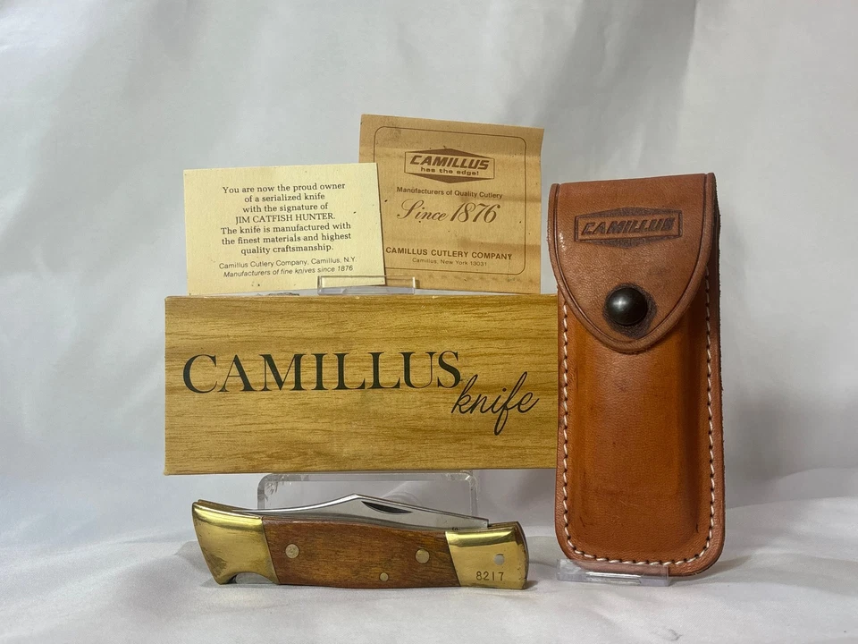 Cuchillo Camillus 1960-76 #4 Jim Catfish Hunter una hoja plegable con funda en caja Foto 1 de 4