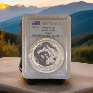 2012P Gilt Australia $1 Silver Year Of The Dragon FIRST STRIKE MS69 PCGS LOW POP - Picture 1 of 2