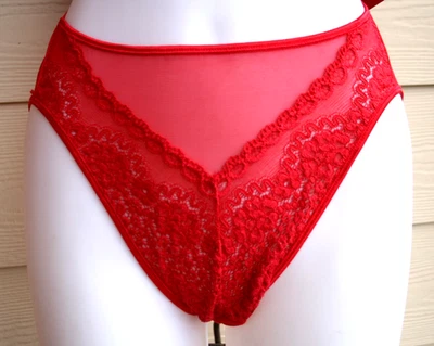 Conjunto de lencería bragas de bikini de encaje de corte alto rojo transparente vintage OLGA M Foto 1 de 4